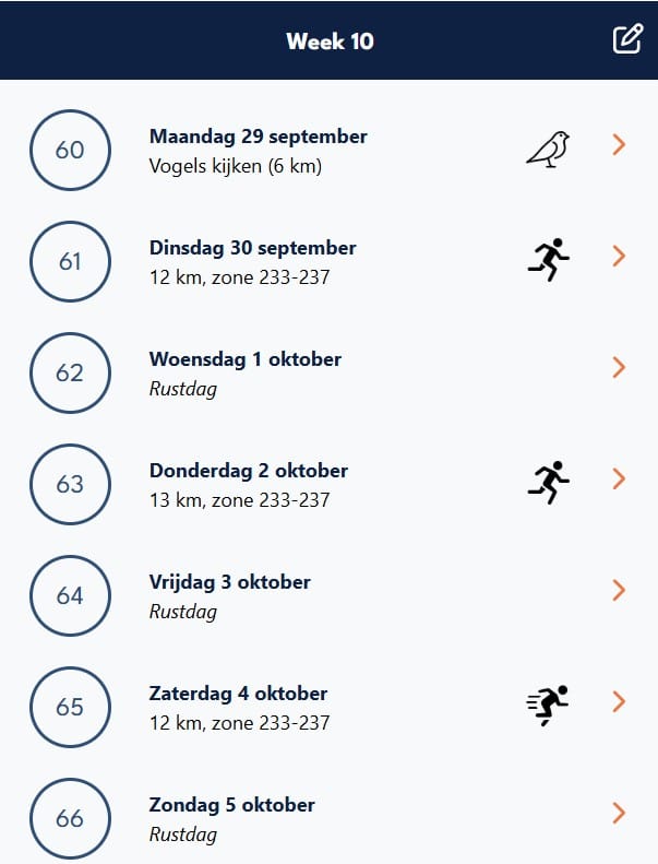 Sportrusten marathonschema - voorbeeld week